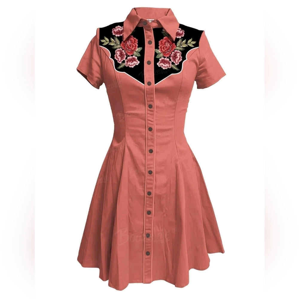 BoozeLele Western Floral Embroidered Dress – Pink – Size XL